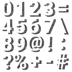 The set of hand drawn scribble shadow silhouettes with numbers and symbols on white background