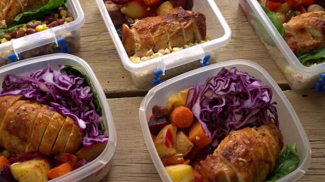 Lunch boxes, full meals and snacks to go. Healthy balanced diet. Balance of proteins, fats and carbohydrates