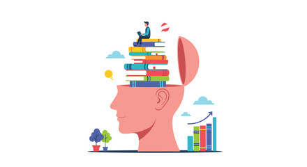Human head silhouette filled with books representing knowledge and learning growth
