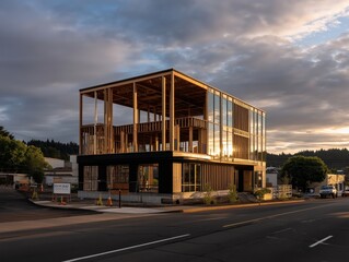 Architectural photography of partially completed wooden building showing innovative modern design and sustainable construction techniques.