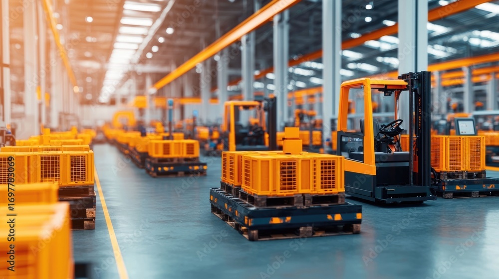 Poster interior view of a high tech factory showcasing advanced robotic manufacturing systems and equipment