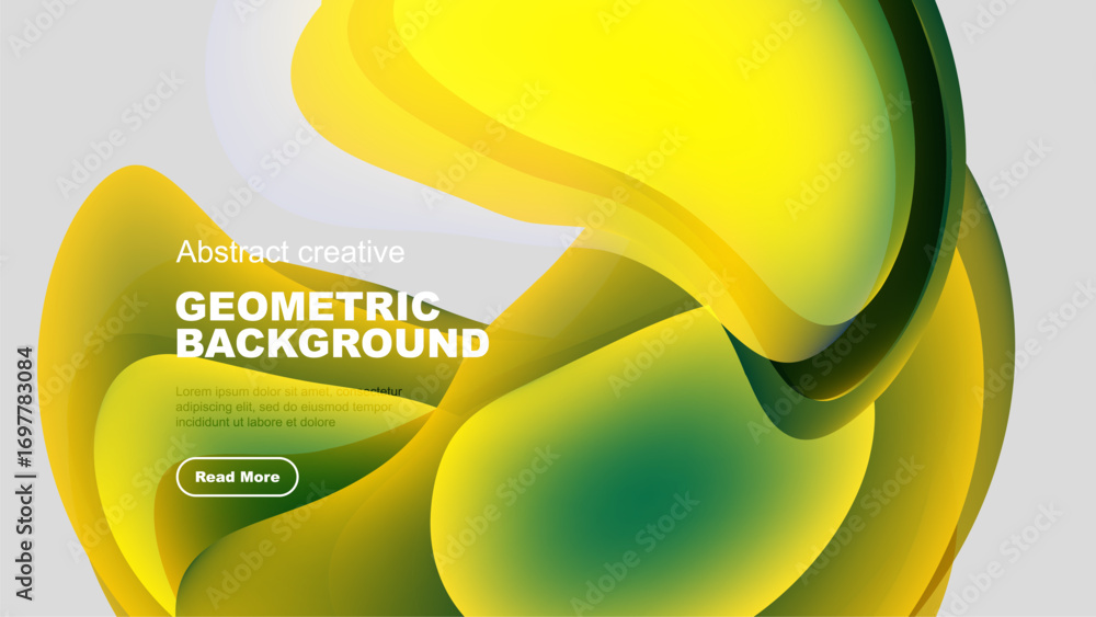 Poster fluid yellow, green shapes overlap black background. modern design features text, button for more in