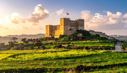 Ancient fortress atop a hill at sunset