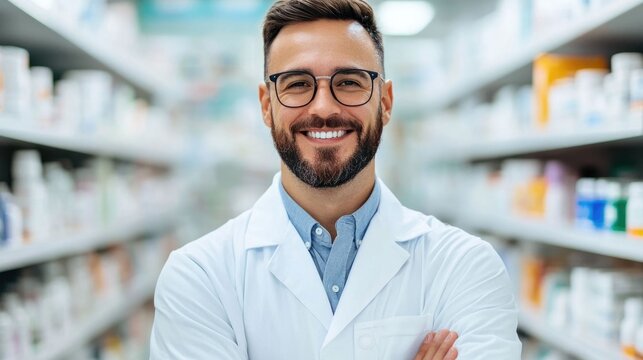 Friendly and knowledgeable pharmacist providing personalized consultation and healthcare advice to customer at modern pharmacy store with medicine shelves in the background