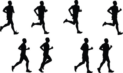 Silhouette vector set of running men jogging for fitness, health, outdoor exercise, athletic training, active lifestyle, and sport movement icons.