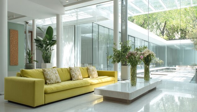 Modern yellow sofa in sunlit luxury home atrium