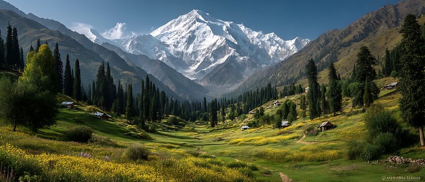 Lush Fairy Meadows Filled With Green Grass And Yellow Wildflowers, Leading The Eye Toward The Towering Snow-Covered Peak Of Nanga Parbat. Wooden Alpine Huts Dot Th