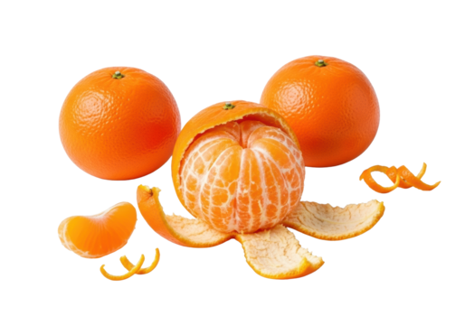 Vibrant clementines, two whole, one peeled showing juicy segments and zest, on clean transparent background, high-key lighting, macro details, Concept of healthy food product.