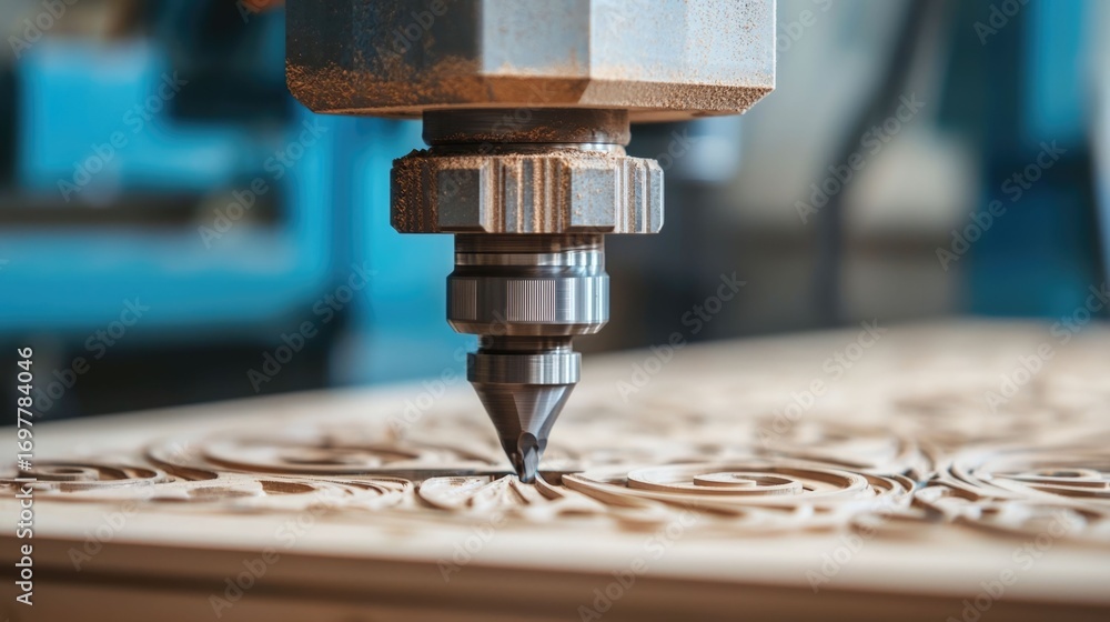 Poster close up view of a cnc computer numerical control machine precision carving an intricate design into