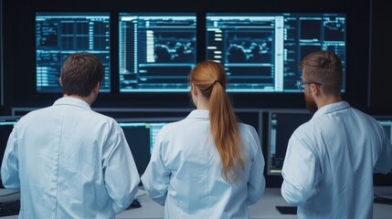 Digital display analytics and data visualization during a brainstorming session with a manufacturing team in a modern office workspace  The team is collaborating and discussing strategies solutions