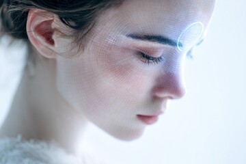 futuristic female portrait with biometric grid on face ai coded identity design concept of algorithmic portrait digital surveillance abstract visualization of neural network self profile