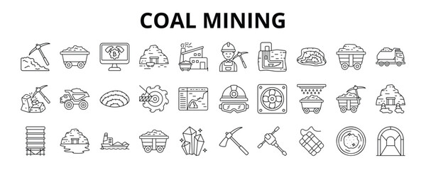 30 Coal Mining Line Icons Vector - Coal Extraction, Coal Resource, Mineral, Tunnel, Surface Mining, Jackhammer, Coal Transportation