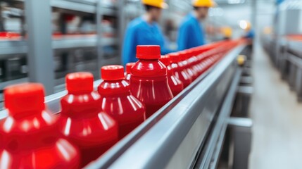 Automated Packaging Line in a Modern Food Manufacturing Facility with Conveyor Belts Bottles and Industrial Equipment for Efficient Product Processing and Distribution