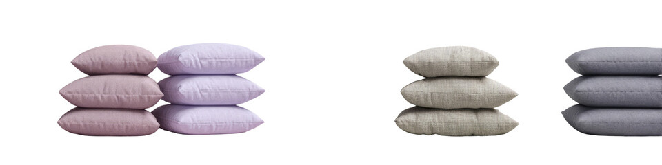 Three stacks of pillows in various light shades