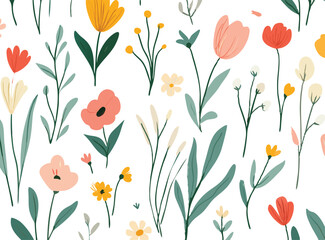 Obraz premium Whimsical hand drawn floral pattern with delicate blossoms and greenery on white background