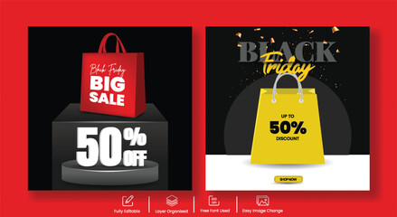 Black Friday Product Sale Social Media Post Template with 3D Offer Text and bag on podium, Discount Ads, Square Layout, Web Banner Design, and Retail Promotion Event