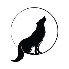 Black silhouette of a wolf howling at a full moon under a starry night sky