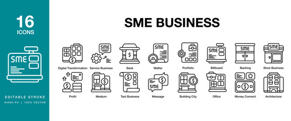 SME Business icon set. Includes small, shop, startup, service, retail, and More. Editable Stroke Icon Collection.