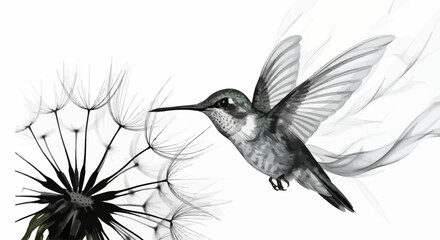 Obraz premium Hummingbird in flight near dandelion seeds a monochrome image showcasing nature's delicate beauty and the bird's graceful movement against a clean white background