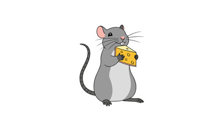 Fototapeta premium Cute cartoon mouse happily nibbling on a delicious chunk of yellow cheese