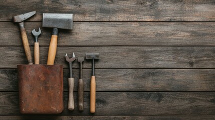 A collection of vintage tools and equipment displayed in a historic manufacturing workshop setting  The aged rustic tools evoke a sense of craftsmanship manual labor