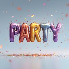Colorful balloon letters spelling 'PARTY' with confetti.