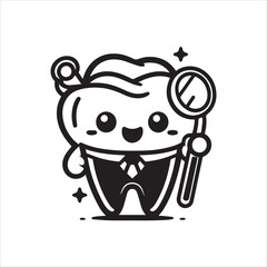 Cartoon tooth character in suit holding dental mirror with sparkling stars 1.