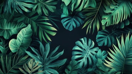 A vibrant display of tropical leaves against a dark background.