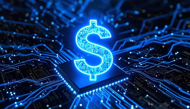 A glowing dollar sign floats above a circuit board, signifying digital finance and technology. The circuitry pulses with blue light - Powered by Adobe