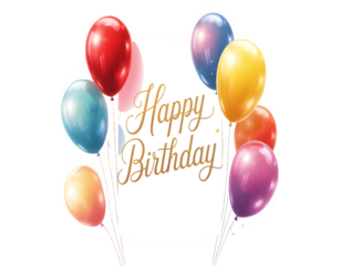 Elegant happy birthday greeting card design with black and gold balloons scattered confetti and stars on a white background