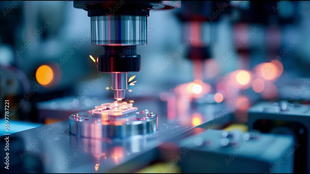 Poster high-precision industrial machinery assembling components in a factory setting
