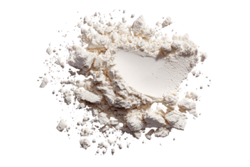 A heap of flour,  scattered and piled high, with a scooped-out center
