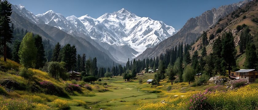  Lush Fairy Meadows Filled With Green Grass And Yellow Wildflowers, Leading The Eye Toward The Towering Snow-Covered Peak Of Nanga Parbat. Wooden Alpine Huts Dot Th