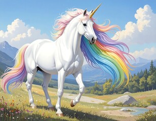 Obraz premium White unicorn with vibrant rainbow mane, galloping across a meadow. Mountain backdrop