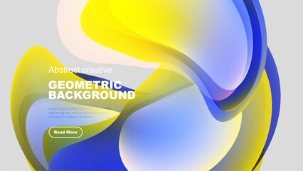 Fluid shapes overlap, creating vibrant abstract background. Yellow, blue hues dominate design. Text present, button visible.