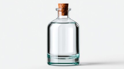 A clear glass bottle with a cork stopper stands upright against a neutral background, symbolizing purity, freshness, and the promise of quality in its contents.