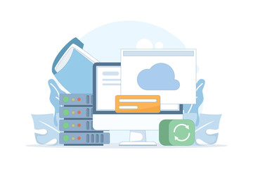 Cloud computing illustration showing servers, devices, and data exchange. Concept of file synchronization, cloud storage, and seamless access across multiple platforms.