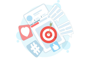 Concept of targeted content for digital marketing. Social media engagement ideas to boost likes, comments, followers, and audience interaction with attention-grabbing posts. flat design.