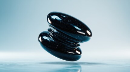 A captivating black object with swirling cosmic patterns floats effortlessly above a reflective surface, embodying a sense of mystery and artistic innovation in design.