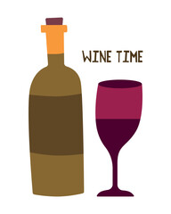 Wine Bottle and Glass Vector Illustration with text Wine Time
