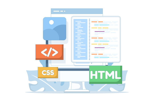 Flat vector illustration of web development concept. Cartoon programmer coding websites using HTML, CSS, and IT tools, focusing on UI design, programming, and software development.