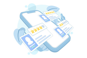 Flat vector illustration of app rating concept. Technology and customer satisfaction depicted through reviews, UI/UX evaluation, and social media feedback for digital products and services.
