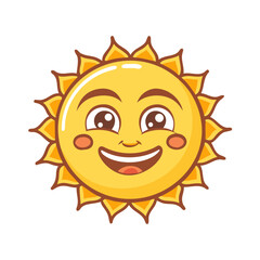 Colored vector icon of a smiling yellow sun, symbolizing happiness, summer, and positivity. Isolated on a transparent background
