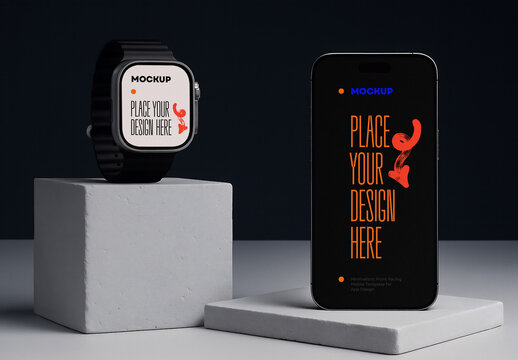 Smartphone and Smartwatch Screen App Presentation Mockup on Concrete Blocks