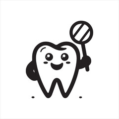 Happy Cartoon Tooth Character Holding a Mirror.