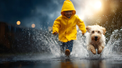 Joyful child in yellow raincoat runs through puddles with playful dog splashing water on rainy day with glowing sun in background