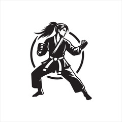 Powerful Female Karateka in Dynamic Pose Black and White Illustration.