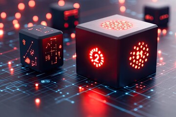 Dark cubes with glowing red symbols on a circuit board