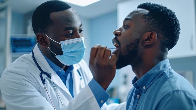 Doctor checks patient's throat with swab. Clinic setting. Medical professional in mask