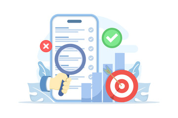 flat vector illustration of target digital marketing checklist. Concept of online strategy, SEO, advertising, content planning, social media growth, goals achievement, and campaign tracking. © FAHMI 